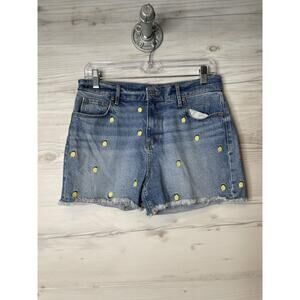 LOFT Shorts Womens 4 Blue Denim Frayed Hem Lemon Embroidered High Rise Summer‎